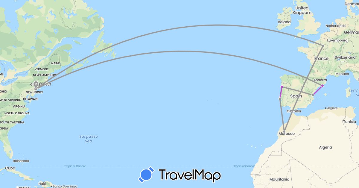 TravelMap itinerary: driving, plane, train in Spain, France, Morocco, Portugal, United States (Africa, Europe, North America)